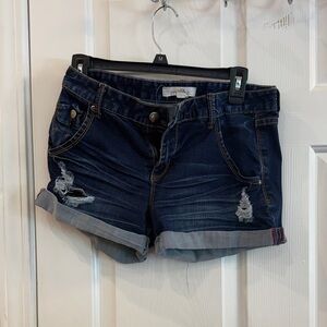 Forever 21 Dark Blue Distressed Rolled Hem Denim Shorts